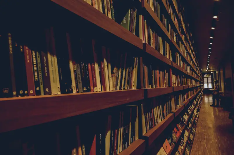 Kütüphanede uzanan kitap rafları